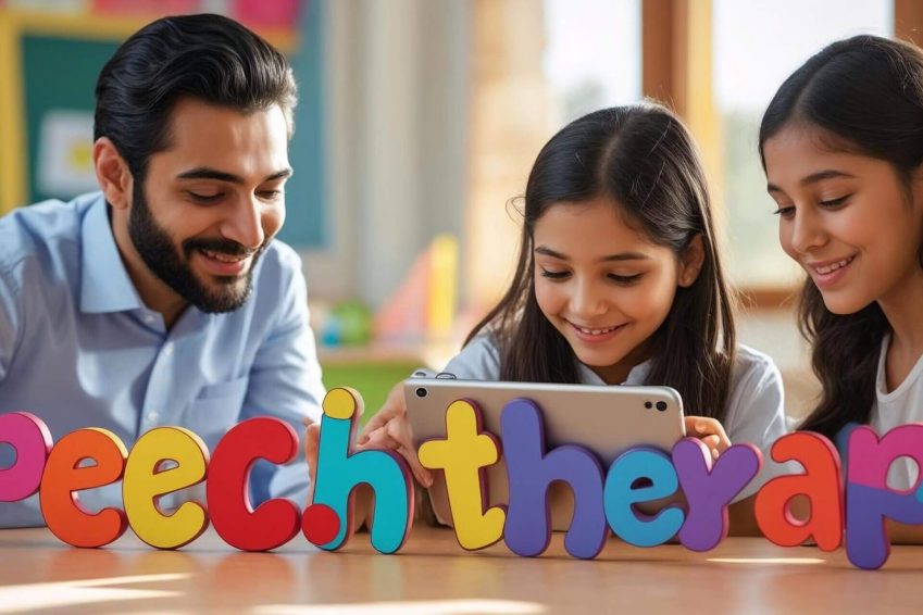 Smiling couple arranging colorful wooden letters together.